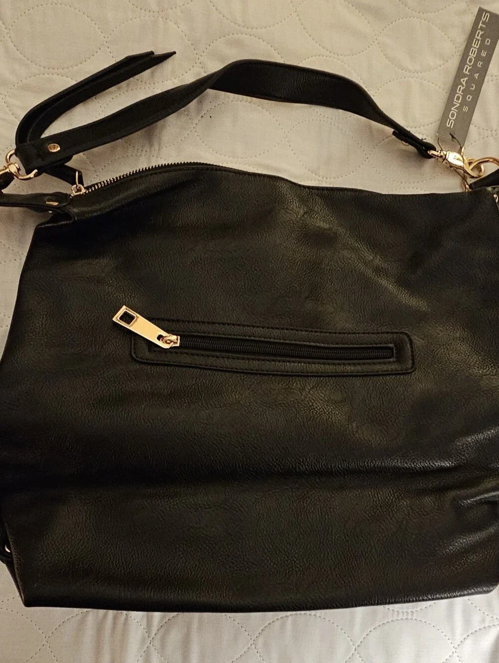 Sondra Roberts Black Mix Media Shoulder Handbag with Gold Hardware